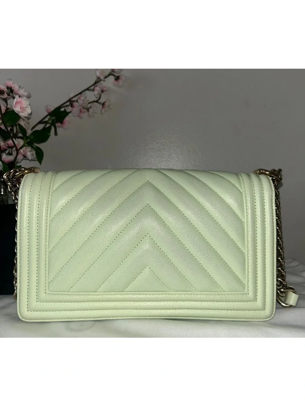 🩷TRADE🩷CHANEL Medium Boy Flap Bag Quilted Caviar Leather Light Green - Picture 12 of 16